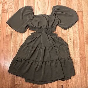 SHEIN Army Green Smocked Cut Out Mini Short Sleeve Dress Small 💗